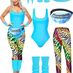 7 piece 80s workout Halloween costume animal print/blue women’s size extra large